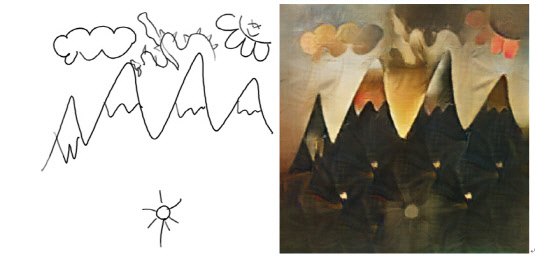 선으로 간단하게 그린 그림(왼쪽)과 해당 그림에 빈센트 AI를 적용해 왼성된 작품. 엔비디아 제공